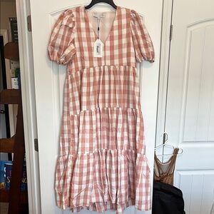 English Factory Gingham puff sleeve tiered midi dress